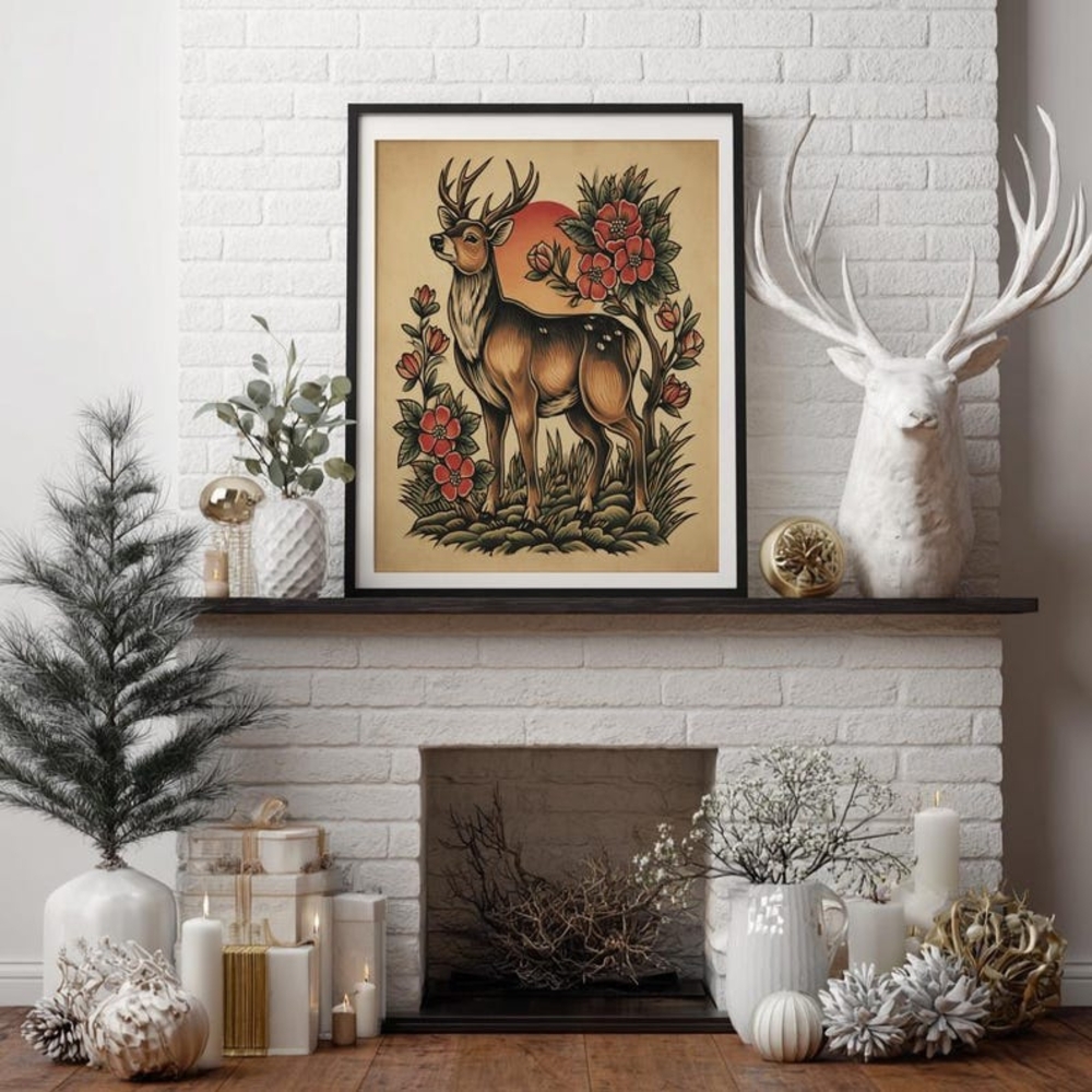Vintage Woodland Tattoo Retro Wall Art Reindeer Print- Rustic Wildlife Decor